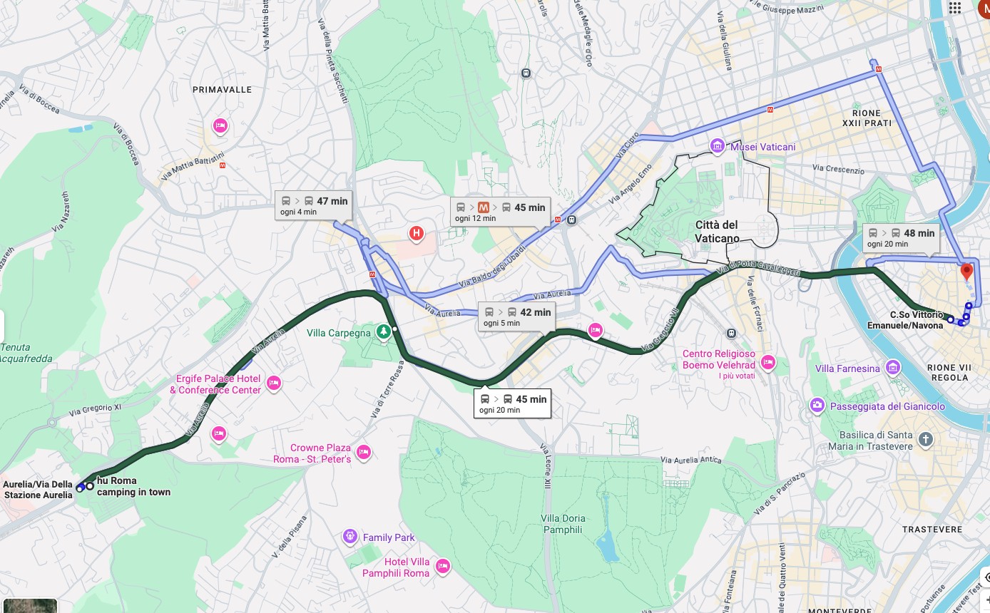 Mappa del percorso da hu Roma Camping in Town a Piazza Navona con indicazioni sui mezzi pubblici