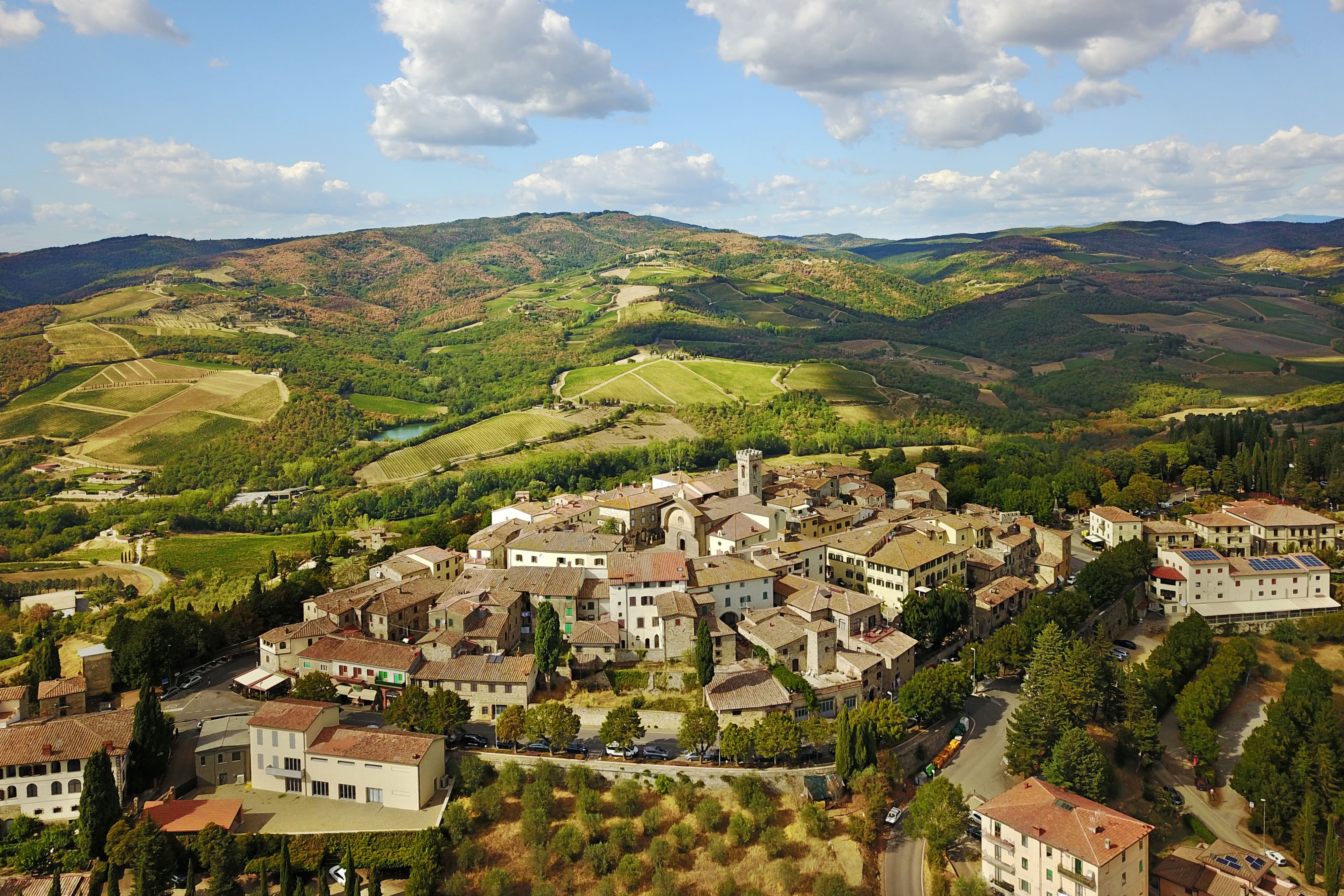 Panoramisch uitzicht op Radda in Chianti met wijngaarden en Toscaanse heuvels