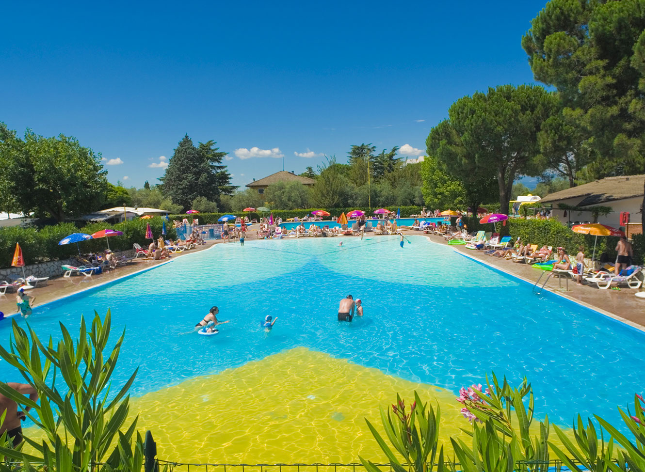 Swimming pool with people sunbathing
