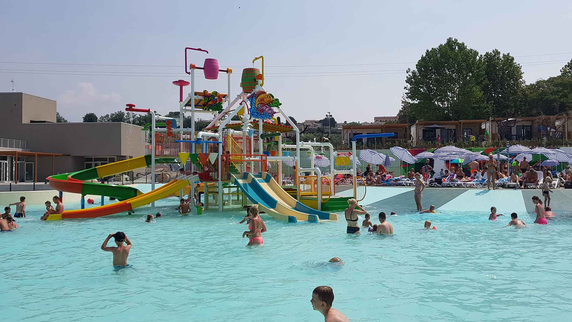 Water park with water slides and people