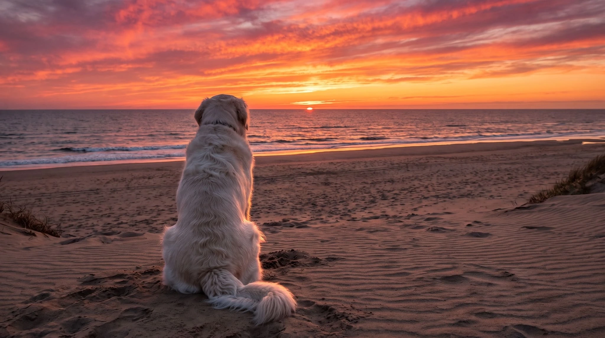Hund am Strand an der Adria bei Sonnenuntergang